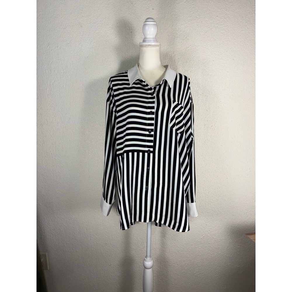 Karl Lagerfeld Paris Striped Button Down Shirt Black White L3AN655E Womens XSF